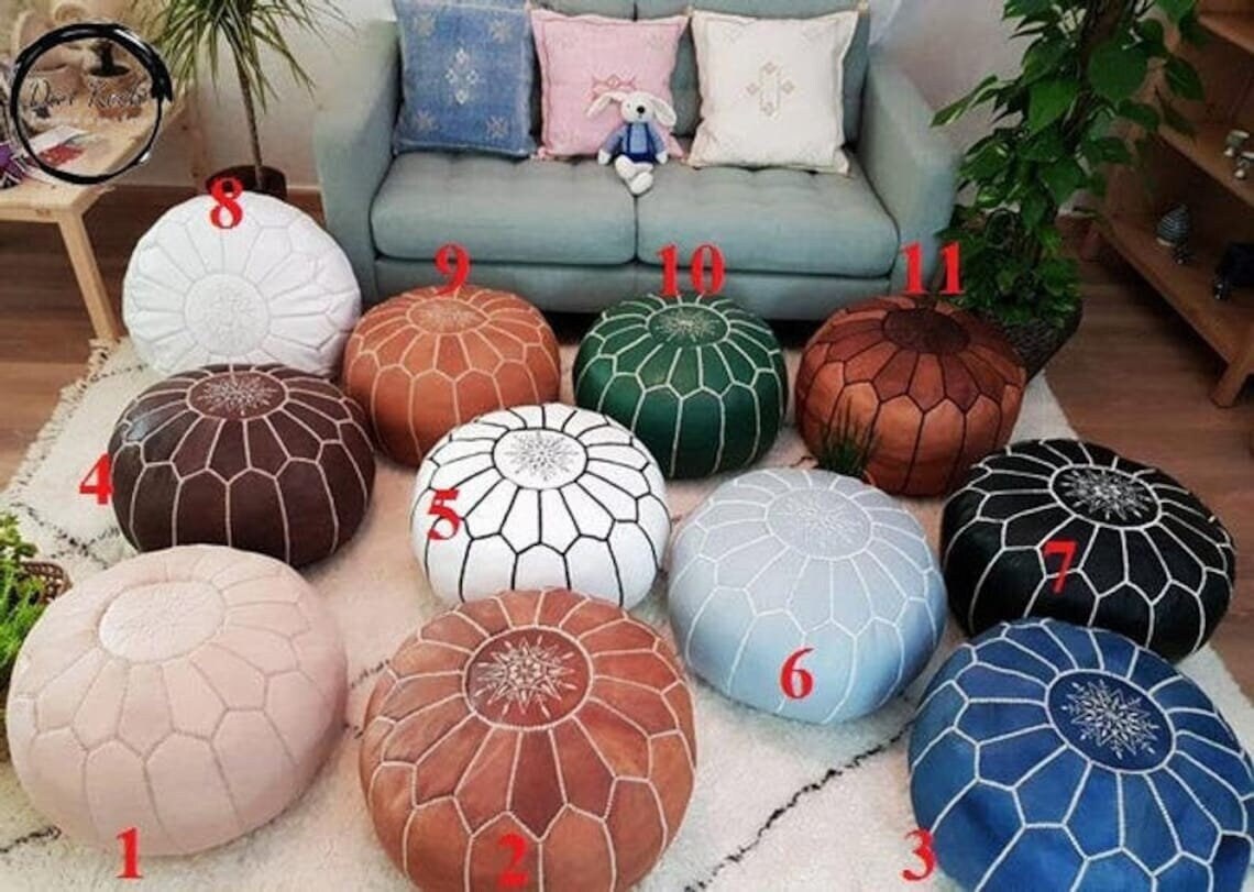 50% Off Moroccan Pouf Leather, Moroccan Pouf, Leather Ottoman, Footstool, Floor Pillow, Living Room 