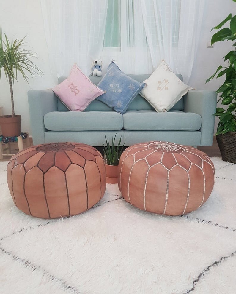50% Off, Set 2 Pouf Moroccan Leather Pouffe Moroccan Berber Ottoman Pouf