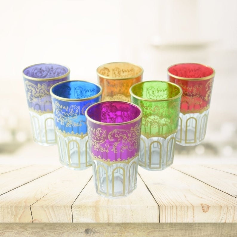 Moroccan Tea Glasses, Oriental Handpainted Set Of Six Moroccan Glasses