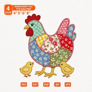 Patchwork Chicken Embroidery Design, Farm Hen Applique Machine File, Easter Chick Digital Download