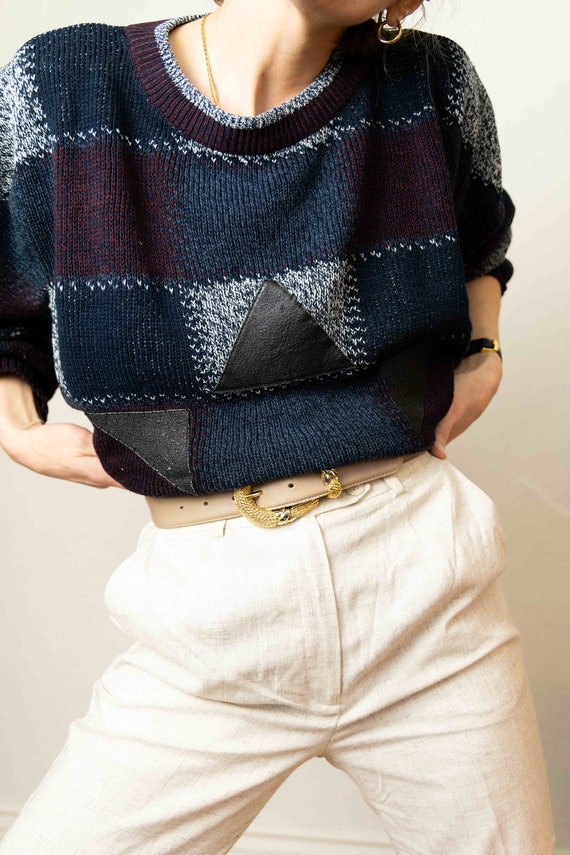 Abstract Checkered Knit Leather Patch Sweater
