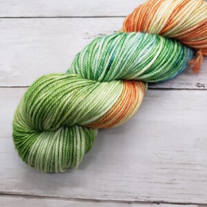 Hand Dyed Yarn, 100% Superwash Merino, DK Weight, Orange, Teal, Green, Variegated, &quot;Tropical Twist&quot;