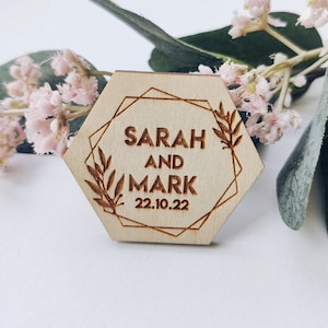 Hexagon Magnets, Wedding Thank You Mangets, Favors for Guests, Floral Magnets, Personalized Engraved Wedding Favor, Wooden Thank you Gifts