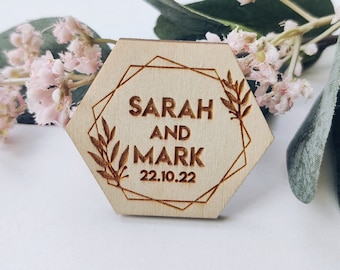 Hexagon Magnets, Wedding Thank You Mangets, Favors for Guests, Floral Magnets, Personalized Engraved Wedding Favor, Wooden Thank you Gifts