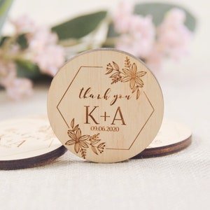 Wooden Thank you Magnets, Wedding Thank You favor, Favors for Guests, Floral Magnets, Personalized Engraved Wedding Favor, Free Shipping