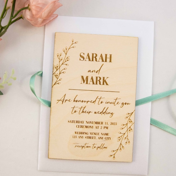 Wooden Rustic Wedding, Save the date invitation, Engraved Wood Boho Floral Wedding Invite, Summer Fall Wedding, Country Wedding Invitation