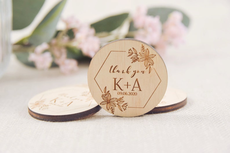Wooden Thank you Magnets, Wedding Thank You favor, Favors for Guests, Floral Magnets, Personalized Engraved Wedding Favor, Free Shipping 