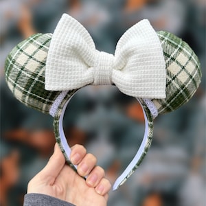 Cozy Christmas Pine Mouse Ears, Christmas Headband, Green Stripe Mouse Ears, Flannel Mouse Ears, Flannel Headband