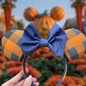 Fall Plaid Mouse Ears, Fall accessories, Fall Headband, Navy Blue and Orange Striped Halloween Mouse Ears, Fall Mouse Ears
