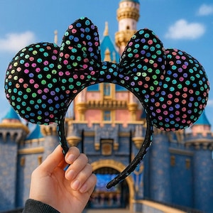 May include: Black sequined mouse ear headband with colorful polka dots. The headband features two large ears and a bow, held in front of a castle with a blue sky background. The sequins are in shades of pink, green, blue, and yellow.