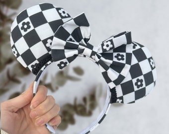 Black Checkered Floral Mouse Ears