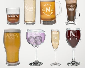 Personalised Glass Multiple Designs & Glass Types - Wine Glass, Pint, and Beer, Whiskey, Champagne, Gin, Latte - Engraved Personalized Gifts