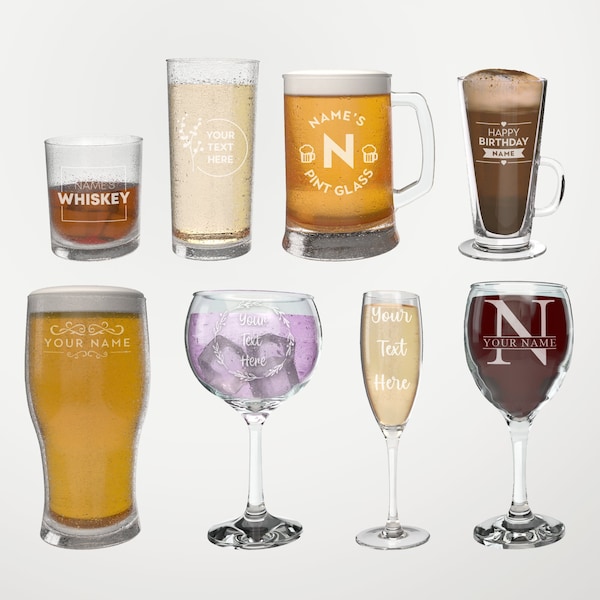 Personalised Glass Multiple Designs & Glass Types - Wine Glass, Pint, and Beer, Whiskey, Champagne, Gin, Latte - Engraved Personalized Gifts