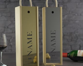 Personalised Bespoke Wedding Wooden Wine Box Mirror Gold Lid Laser Engraved Unique Gift Idea Acrylic Insert Wedding Bow Tie Wine Gift Idea