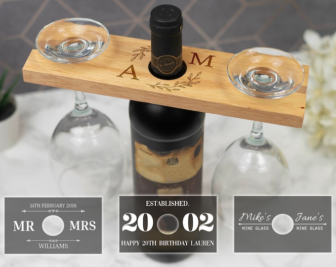 Personalised Engraved Wooden Wine Glass and Bottle Holder, Custom Gift Idea Wine Holder
