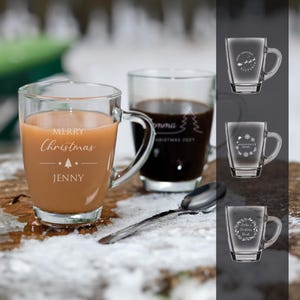 Personalised Christmas Glass Coffee Mug Engraved Hot Drink Tea Cup Your Own Message Bespoke Designs High Quality Personalized Glass Xmas
