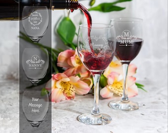 Personalised Wine Glass Red Wine White Wine Mothers Day Gift for Mom, Mum, Nan, Auntie Engraved Drinkware for Mothering Sunday Gift Idea