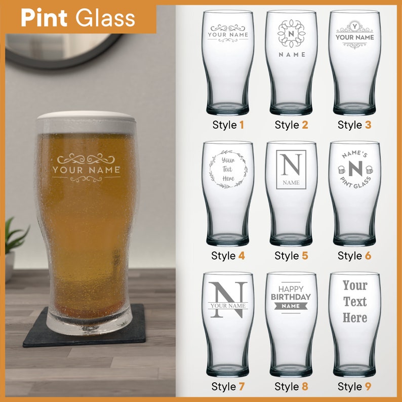 Personalised Glass Multiple Designs & Glass Types Wine Glass, Pint, and Beer, Whiskey, Champagne, Gin, Latte Engraved Personalized Gifts Pint Glass
