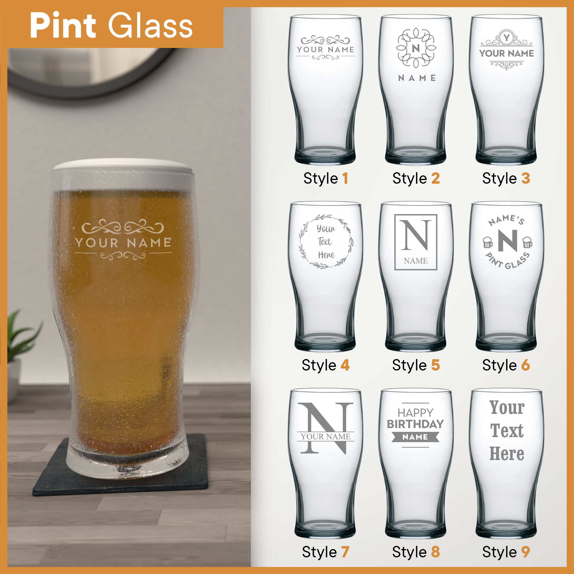Personalisiertes Glas, mehrere Designs und Glasarten – Weinglas, Pint und Bierglas, Whisky, Champagner, Gin, Latte – gravierte personalisierte Geschenke