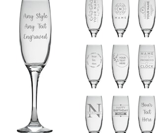 Personalised Champagne Flute Glass Laser Engraved Your Own Message Bespoke Designs High Quality Personalized Glass, Prosecco Glass, Birthday