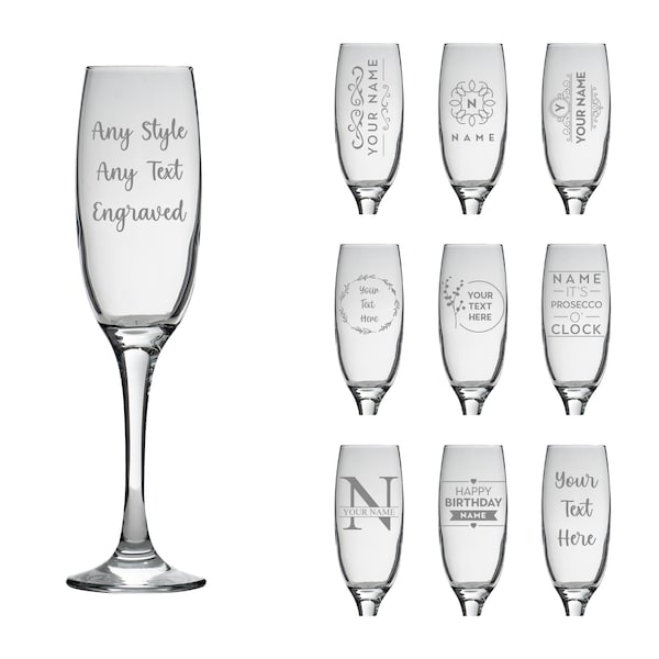 Personalised Champagne Flute Glass Laser Engraved Your Own Message Bespoke Designs High Quality Personalized Glass, Prosecco Glass, Birthday