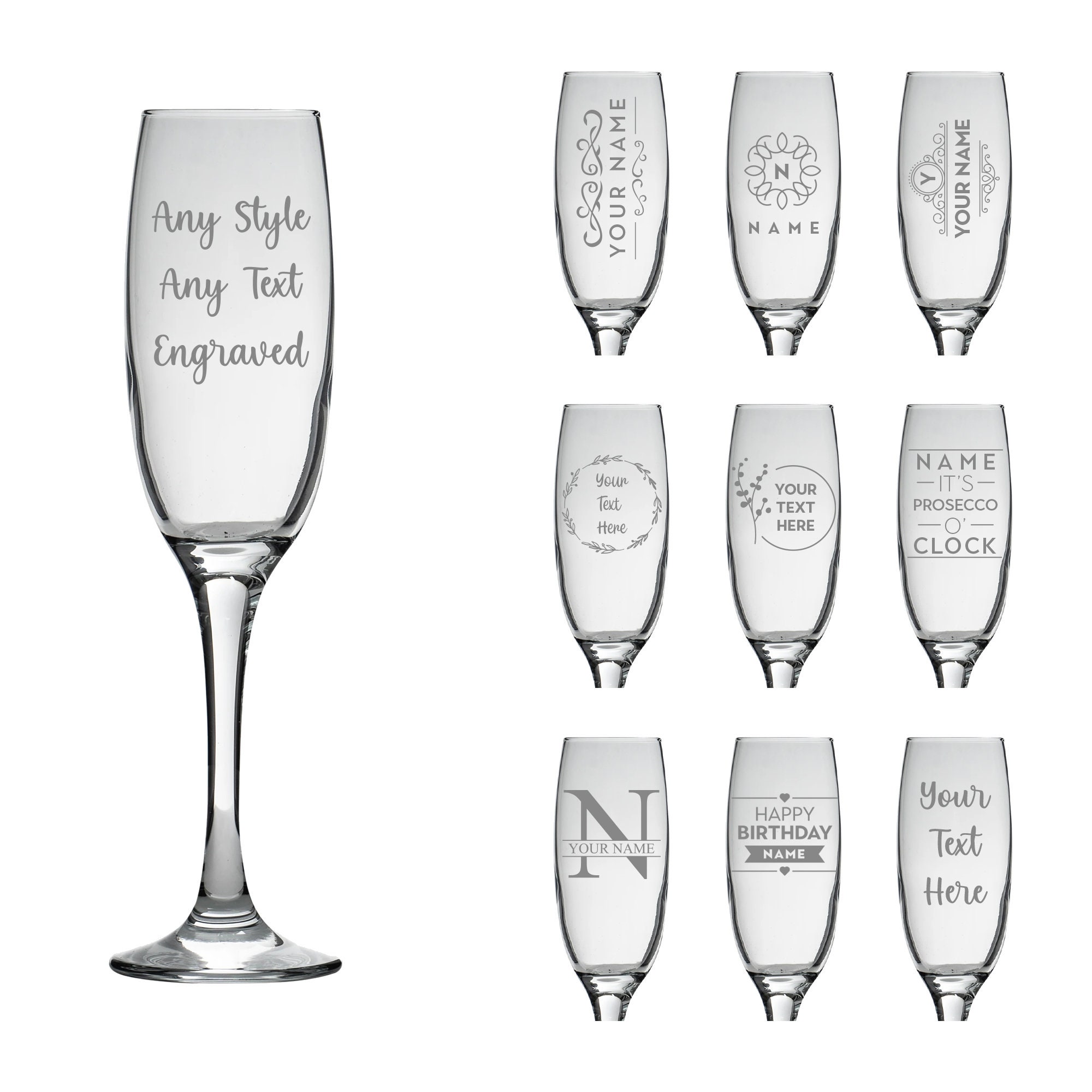 Custom Engraved Laurel Modern Champagne Flutes, Pair