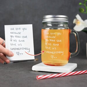 Gepersonaliseerde mason jar glas aangepast handschrift gegraveerd elk berichtglas, upload je eigen tekening, cadeau voor hem, mason jar