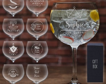 Verre à gin personnalisé avec boîte-cadeau Verrerie personnalisée gravée Verre personnalisé pour boisson au gin, cadeau d'anniversaire, cadeau de Noël pour lui ou elle