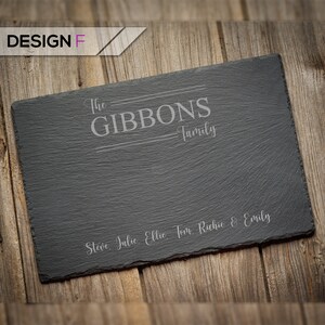 May include: A black slate serving tray with the text "The GIBBONS Family" and the names "Steve, Julie, Ellie, Tom, Richie & Emily" engraved in white.