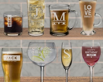 Personalised Glass Multiple Designs & Glassware - Wine Pint Beer Whiskey Champagne Gin Latte - Engraved Personalized Glass Gifts Birthday