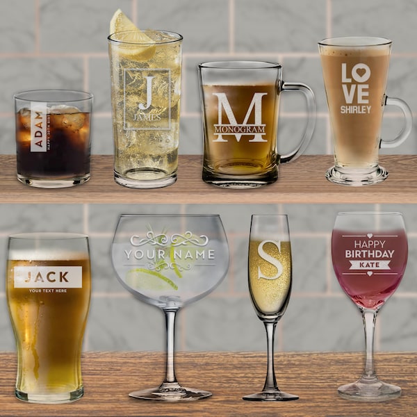 Personalised Glass Multiple Designs & Glassware - Wine Pint Beer Whiskey Champagne Gin Latte - Engraved Personalized Glass Gifts Birthday