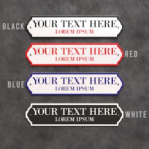 May include: Four decorative signs in black, red, blue, and white. Each sign has a white background with the text "YOUR TEXT HERE" and "LOREM IPSUM" in a contrasting colour. The signs have a decorative border.