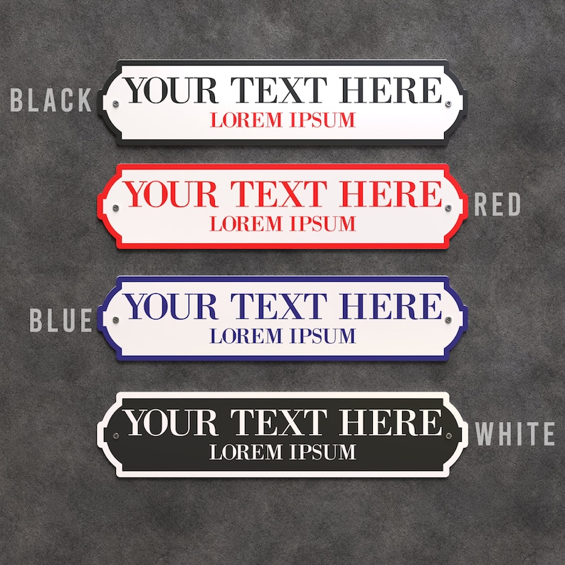 May include: Four decorative signs in black, red, blue, and white. Each sign has a white background with the text "YOUR TEXT HERE" and "LOREM IPSUM" in a contrasting colour. The signs have a decorative border.