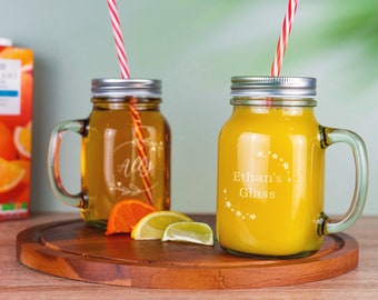 Personalised Mason Jar With Straw Engraved Drinking Glass with Handle