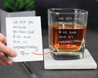 Personalised Square Whiskey Glass Custom Handwriting Engraved Any Message Glass , Upload Your Own Drawing , Gift for Him , Whiskey Glass
