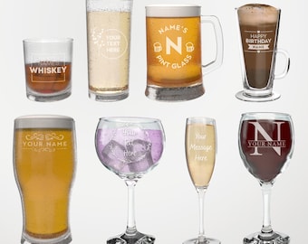 Personalised Glass Multiple Designs & Glass Types - Wine Glass, Pint, and Beer, Whiskey, Champagne, Gin, Latte - Engraved Personalized Gifts