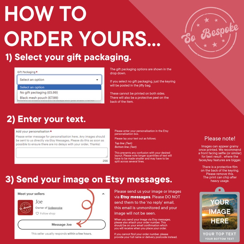 Puede incluir: Un gr&aacute;fico rojo y blanco con instrucciones sobre c&oacute;mo pedir un llavero personalizado. El gr&aacute;fico incluye un fondo rojo con texto e im&aacute;genes blancas. El texto incluye "How to Order Yours..." y "So Bespoke". La imagen incluye un llavero con una imagen de puesta de sol y el texto "Your Image Here", "Your Top Text" y "Your Bottom Text".