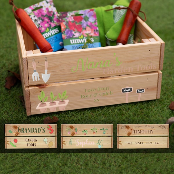 Personalised Gardening Crate, Custom Wooden Gardening Tool Box Useful Garden Tidy Gift Idea, Great for Gardening Hamper Gift Set