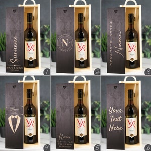 May include: Six different wooden wine boxes with a bottle of wine inside. The boxes have different designs, including a personalized name, a monogram, a birthday message, a tuxedo, a bridesmaid proposal, and a blank space for text.