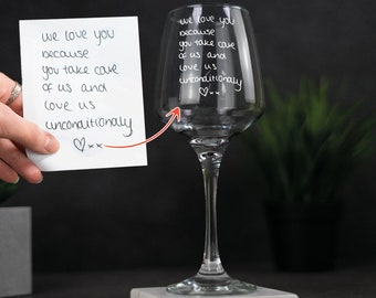 Personalised White Wine Glass Custom Handwriting Engraved Any Message Glass , Upload Your Own Drawing , Gift for Him , Wine Glass