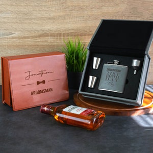 Personalised Hipflask Gift Set PU Leather Engraved Hip Flask Whiskey Drinking Set with Funnels for Him Ideal Christmas Gift or Wedding Favor
