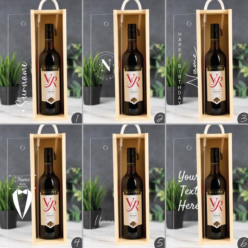 May include: Six different designs for a personalized wine gift box. Each box features a clear acrylic panel with a custom design and a bottle of red wine. The designs include a name and surname, a monogram, a happy birthday message, a tuxedo graphic, a name with a wedding date, and a blank space for custom text.
