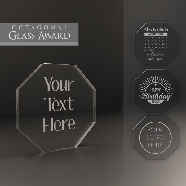 Personalised Octagon Glass Award Engraved Glass Acrylic Freestanding Plaque Trophy Corporate Gift Award Ceremony Personal Sentiment Ornament