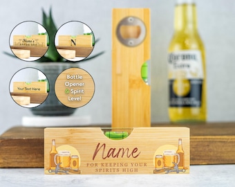 Gepersonaliseerde flesopener, gepersonaliseerde houten waterpas, 2-in-1 multitool DIY-multitool cadeau voor hem | Papa | Opa | Stiefvader