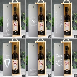 May include: Six different designs for a wooden wine box with a bottle of red wine inside. The designs include a surname, a monogram, a happy birthday message, a tuxedo, a bridesmaid proposal, and a blank space for custom text.