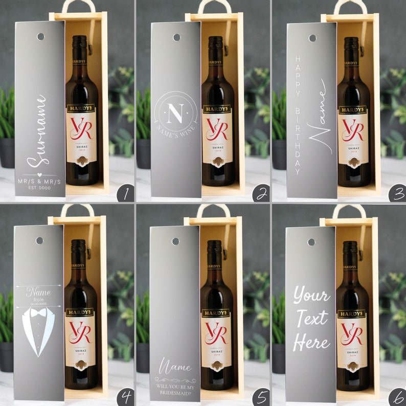 May include: Six different designs for a wooden wine box with a bottle of red wine inside. The designs include a surname, a monogram, a happy birthday message, a tuxedo, a bridesmaid proposal, and a blank space for custom text.