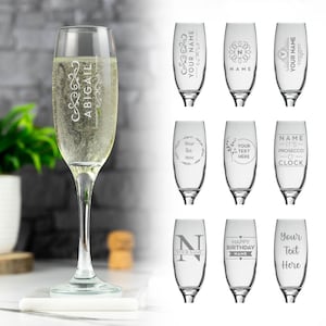 Personalised Champagne Flute Glass Laser Engraved Your Own Message Bespoke Designs High Quality Personalized Glass, Prosecco Glass, Birthday