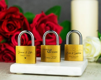 Candado grabado personalizado, idea de regalo para parejas de latón, candado de amor personalizado, regalo de boda