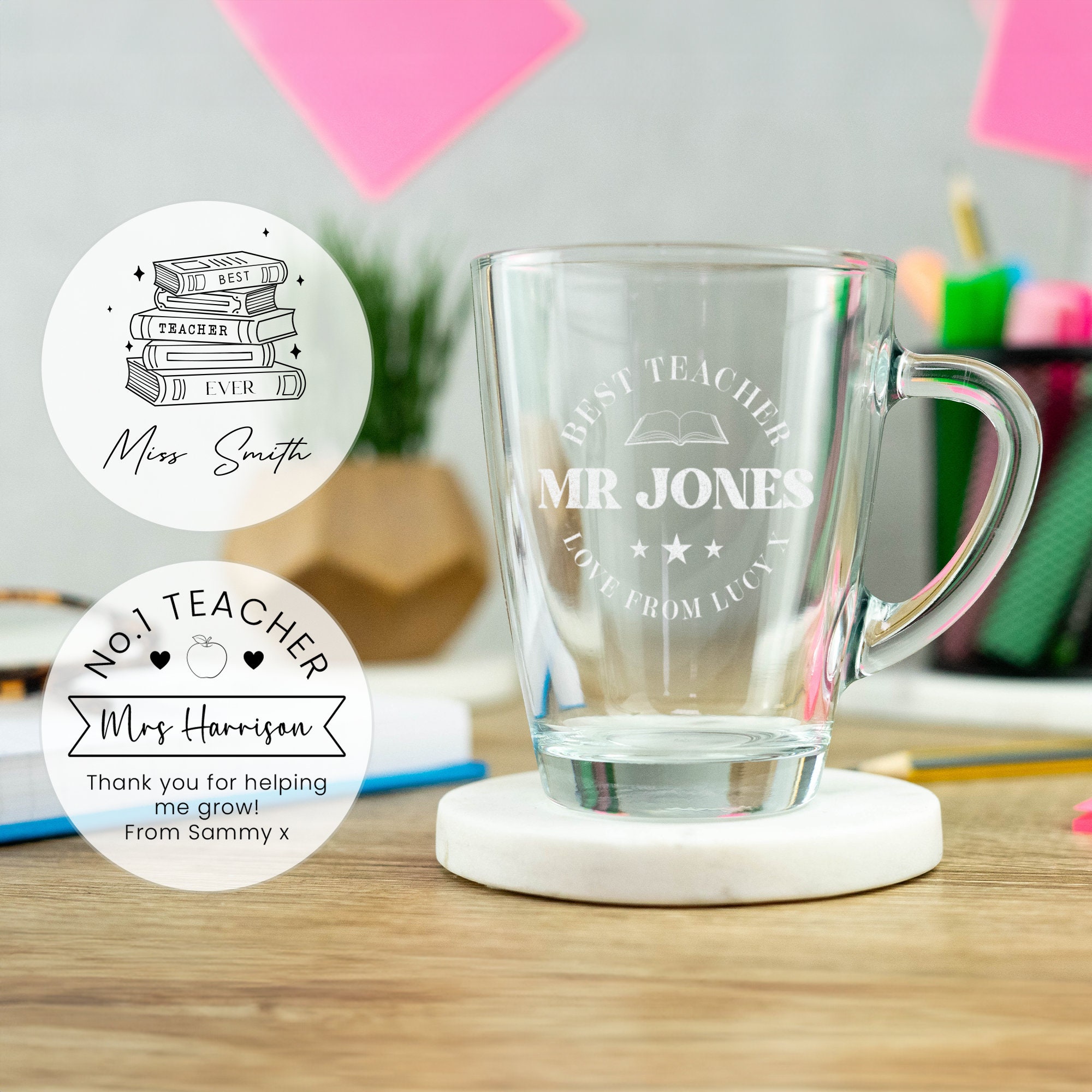 Personalizowany szklany kubek do kawy, prezent dla nauczyciela, grawerowany kubek do gorącego napoju, Twoja własna wiadomość, prezent na koniec szkoły, prezent dla nauczyciela, pomysł na prezent szkolny