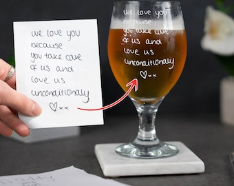 Personalised Stemmed Ale Glass Custom Handwriting Engraved Any Message Glass , Upload Your Own Drawing , Gift for Him , Beer Glass